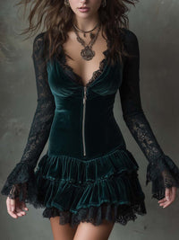 Beach Glam Dark green velvet mini dress with lace sleeves Style
