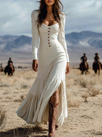 Vacation Ready Western style button long sleeve sexy maxi dress Dress