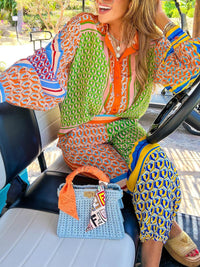 Tropical Look Colorful Unique Print Balloon Sleeve Button Loose Shirt Wear