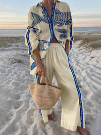 Island Style Ocean Print Oversized Shirt and Elastic Waist Pocket Pants Set Look