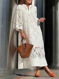 Beach Glam Flower Lace V-Neck Bell Sleeve Loose Midi Dress Style
