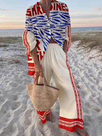 Holiday Mood Unique Casual Print Loose Oversized Shirt Wide-Leg Pants Set Edition