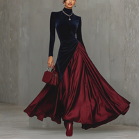 Sun Escape Blue Velvet And Burgundy Satin Color Block Long Dress Outfit