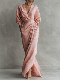 Women's Minimalist Pink V-Neck Linen Blend Maxi Dress