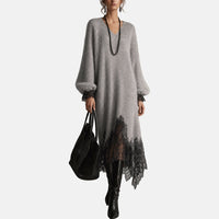 Elena | Grey Oversized Knit Dress with Lace Hem