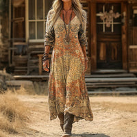 Vintage Persian-Style Print V-Neck Maxi
