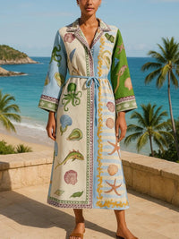 Vacation Ready Belted Printed Twill Midi Shirt Dress Dress