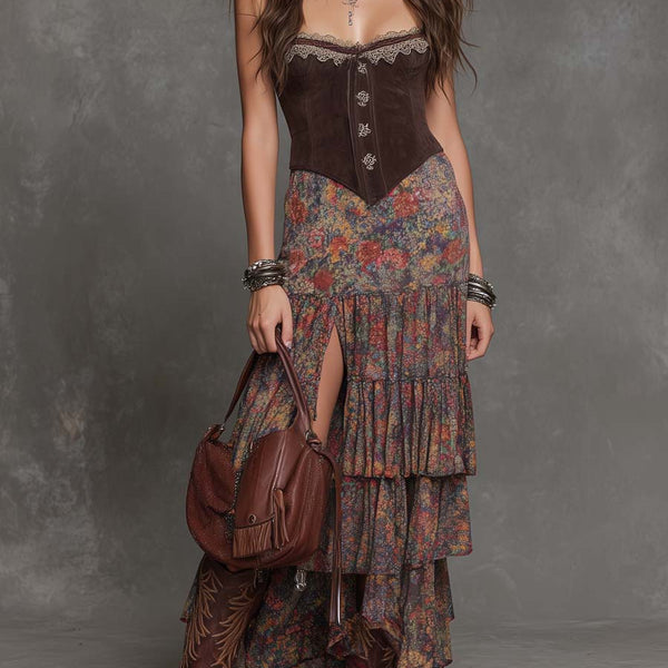 Retro Polyester Suede Oil-Painting Style Floral Print Tiered Ruffled Midi Dress