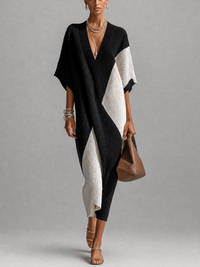 Amara | Black and Cream Color-Block Wrap Knit Midi Dress