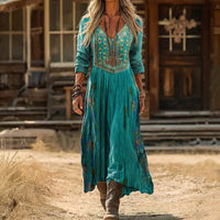 Vintage Teal V-Neck Long Sleeve Boho Dress