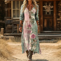 Vintage Rose Print Long Sleeve Gown with V-Neck