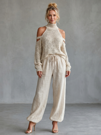 Open Shoulder Knit Wide Leg Set