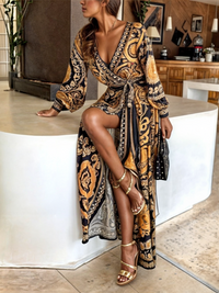 Most Loved Lani - Bohemian Maxi Dress with Golden Print and High Slit Signature Wear