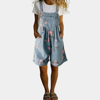 Washed Denim Floral Print Jumpsuit