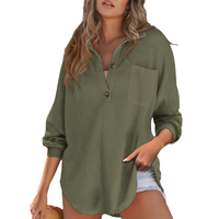 Waffle Knit Button V Neck Tunic Blouse
