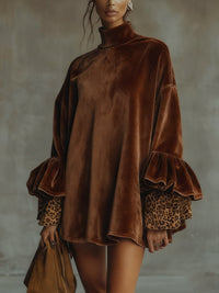 Seaside Glam Velvet Leopard Cuff Flounce Sleeve Mini Dress Ensemble