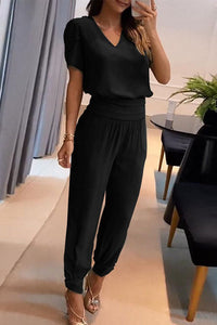 Vacation Ready Casual V-Neck Printed Short Sleeve Long Pants Two-Piece Set Dress