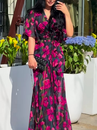 Tropical Look Retro V-neck trumpet sleeve printed dress Wear