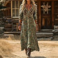 Vintage Earth-Tone Embroidered Long Gown