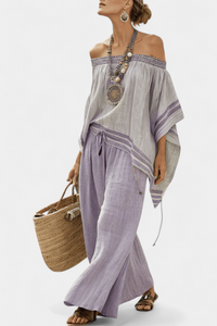 Lauren | Elegant Off-Shoulder Top & Wide-Leg Striped Pants