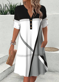Top Rated Flaire Multi Color Geometric Print Short Sleeve Split Neck Dress Wardrobe Essential