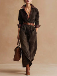 Beach Glam Retro dark brown suede patchwork plaid collared dress（Includes belt） Style