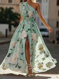 Light Green Floral Chiffon One-Shoulder Maxi Dress
