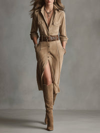 Vacation Ready Women's Brown Fashion Suede Midi Dress Dress