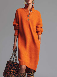 Summer Escape Orange Lapel Button-Front Knit Midi Dress Piece