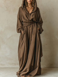 Tropical Look Brown faux cotton linen hooded loose maxi dress Wear