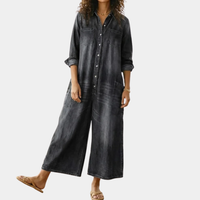 Washed Cotton Denim Button Jumpsuit