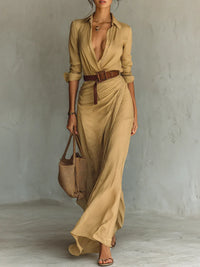 Beach Glam Ladies Lapel Long Sleeve Shirt Belted Maxi Dress Style