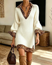 Delia | Layered Knit Dress with Leopard Print