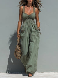 Boho Lace-Trimmed Wide-Leg Jumpsuit With Patch Pockets
