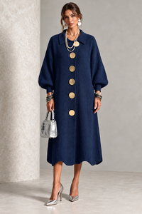 Amelia | Navy Blue Midi Knit Dress with Gold-Tone Buttons