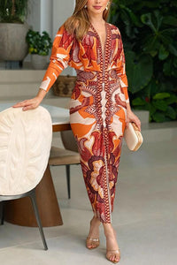 Sun Escape Unique Print Dolman Long Sleeve Ruched Slit Midi Dress Outfit