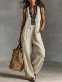 Embroidered Linen Sleeveless Jumpsuit