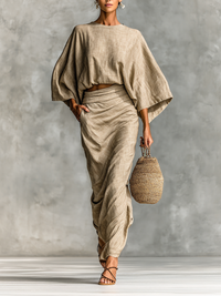 Two-piece set with long skirt in cotton and linen blend