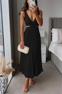 Island Style V Neck Cut Out Waist Sleeveless Pleated Maxi Dress Look