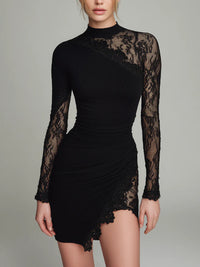 Tropical Look Black turtleneck lace asymmetrical tulle long-sleeved mini dress Wear