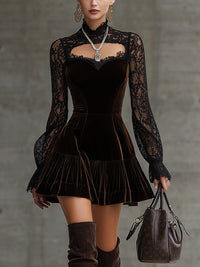 Vacation Ready Velvet-trimmed lace-sleeved cutout fitted mini dress Dress