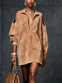 Coastal Chic Camel Faux Suede Cold-Shoulder Dress Collection