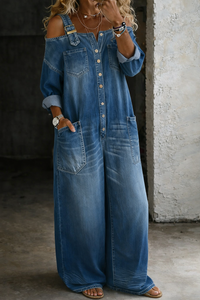 Off Shoulder Denim Shirt Jumpsuit
