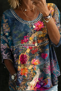 Vintage Floral Print Denim Blouse