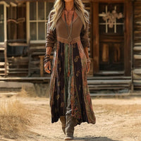 Vintage Western Style V-Neck Maxi Dress