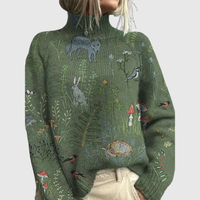 Willow | Green Turtleneck Sweater with Whimsical Print