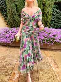 Sun Escape Elegant V-neck Fantasy Painted Floral Print Party Maxi Dress Outfit