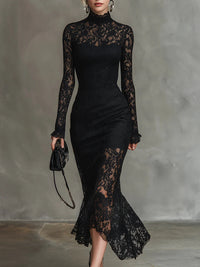 Elegant black stretchy lace fishtail maxi dress – Resort Collection