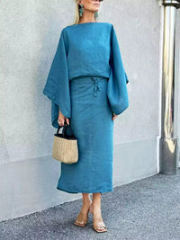 Linen Batwing Sleeve Belted Maxi Dress