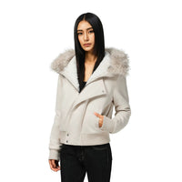 Sasha | Women's Bomber Jacket with Asymmetrical Zip & Fur-Trim Hood
